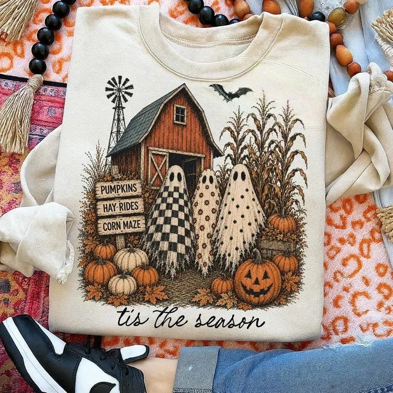 Tis The Season Ghost Sweatshirt, Retro Halloween Sweatshirt, Pumpkin Patch Barn Crewneck, Cozy Fall Gift — photo 2