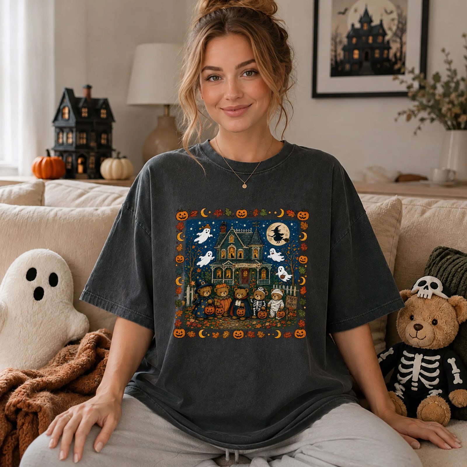 Comfort Colors Trick or Treat Bears Tee, Halloween Pumpkin Shirt, Haunted House Graphic Tee, Fall Gift for Her