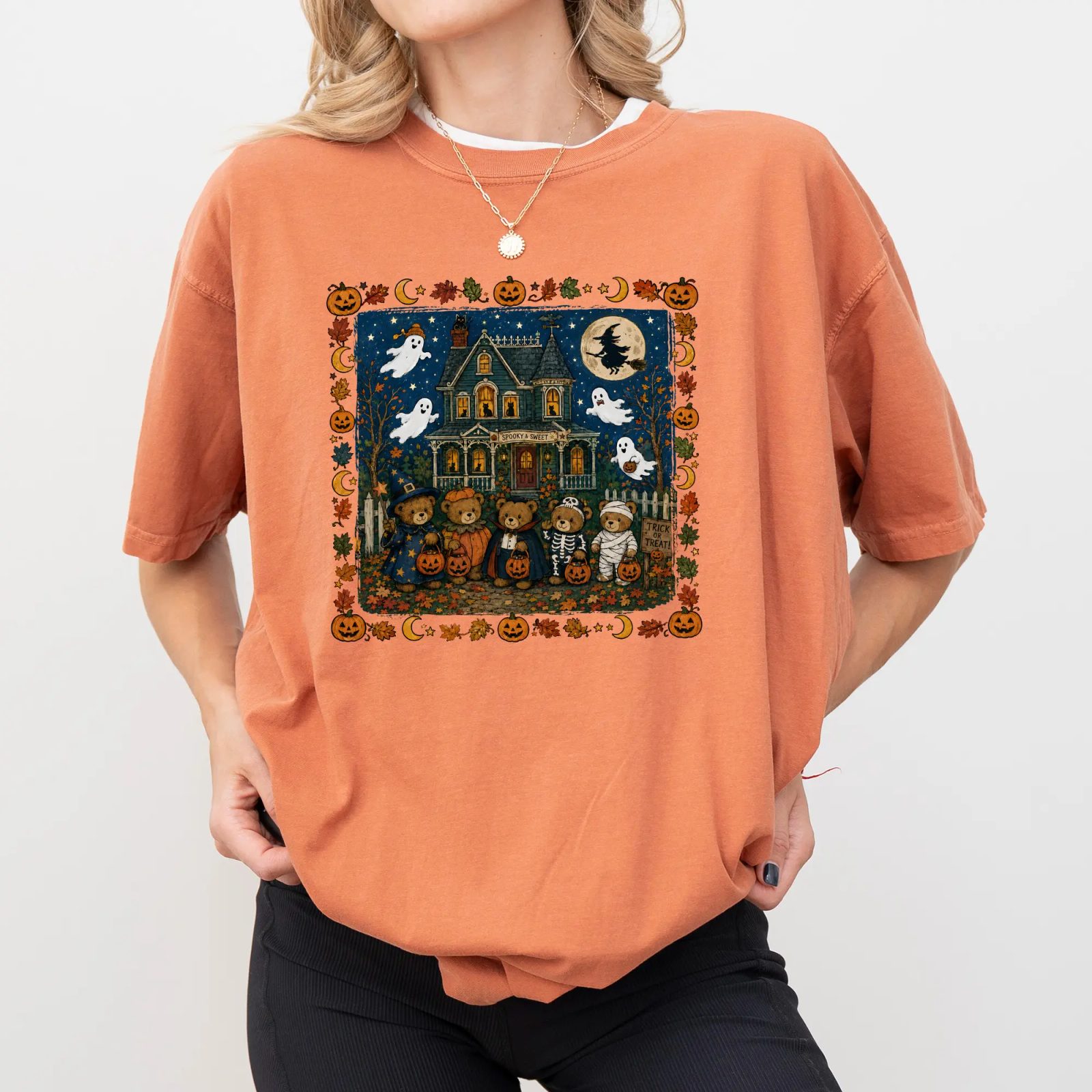 Comfort Colors Trick or Treat Bears Tee, Halloween Pumpkin Shirt, Haunted House Graphic Tee, Fall Gift for Her — photo 2