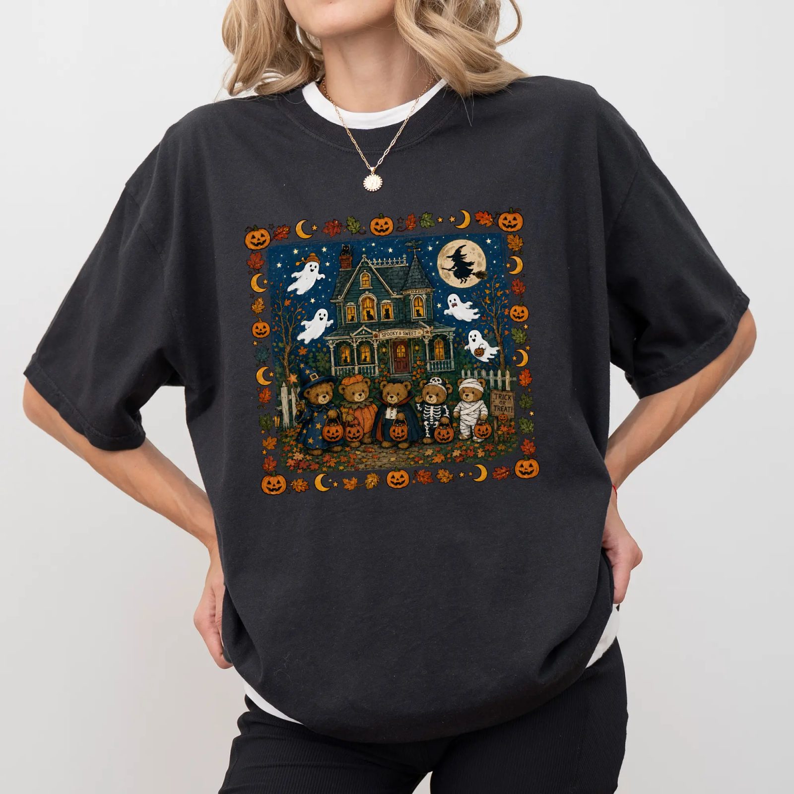 Comfort Colors Trick or Treat Bears Tee, Halloween Pumpkin Shirt, Haunted House Graphic Tee, Fall Gift for Her — photo 4