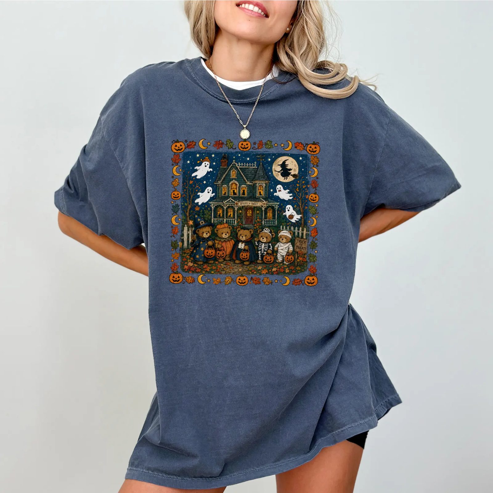 Comfort Colors Trick or Treat Bears Tee, Halloween Pumpkin Shirt, Haunted House Graphic Tee, Fall Gift for Her — photo 5