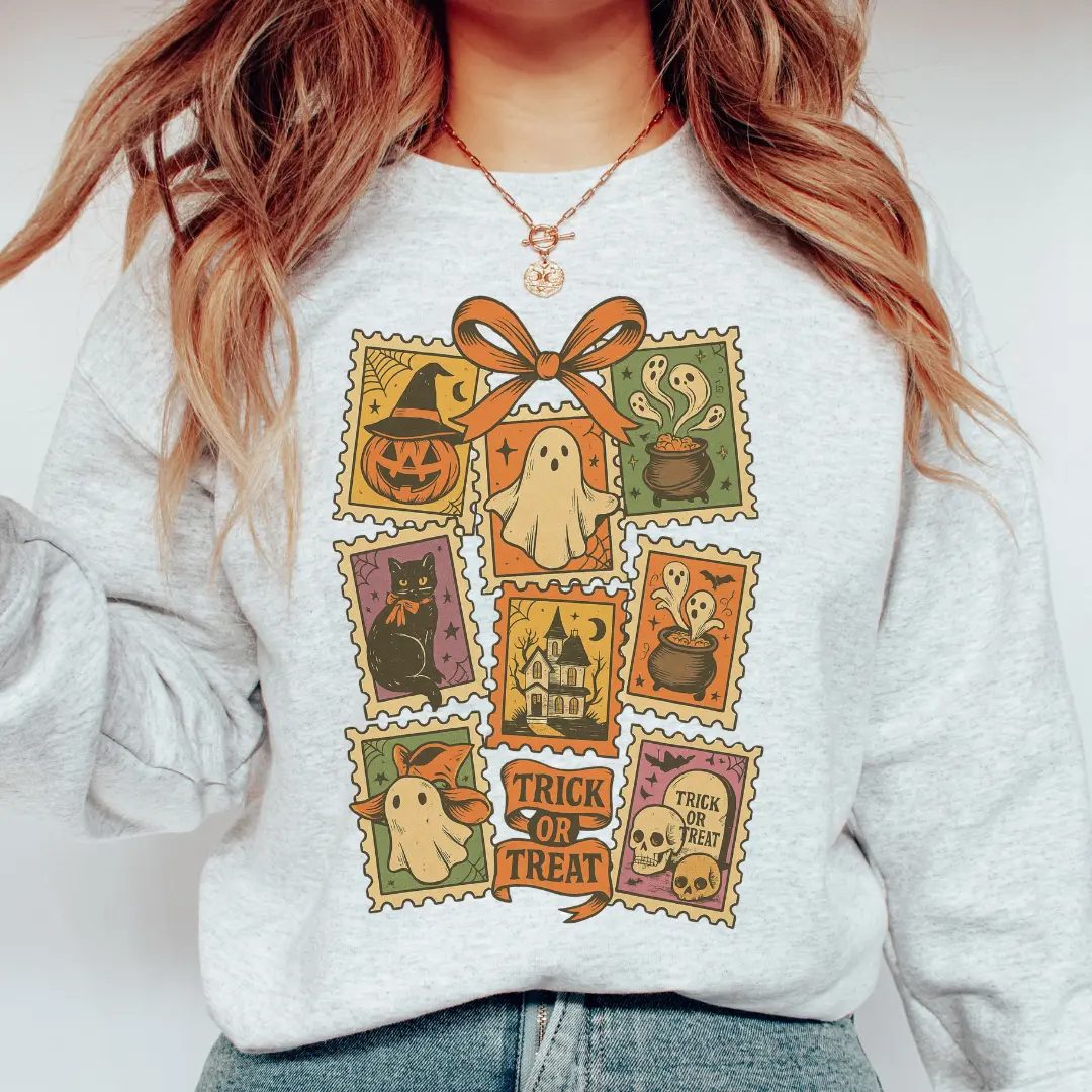 Trick or Treat Stamp Halloween Ghost Sweatshirt, Vintage Spooky Season Crewneck, Retro Fall Gift