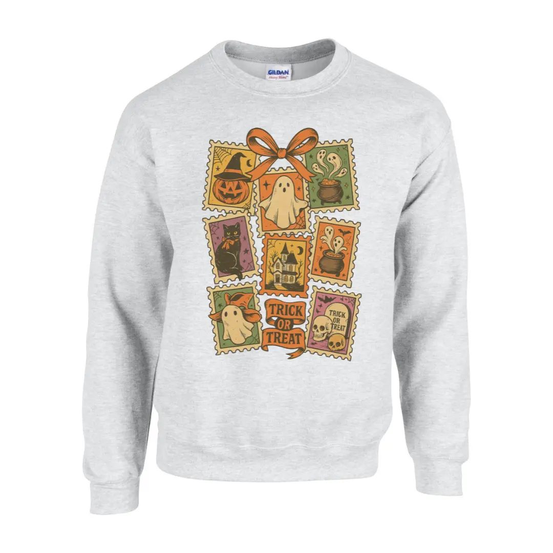 Trick or Treat Stamp Halloween Ghost Sweatshirt, Vintage Spooky Season Crewneck, Retro Fall Gift — photo 3