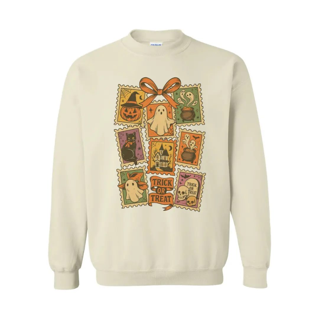 Trick or Treat Stamp Halloween Ghost Sweatshirt, Vintage Spooky Season Crewneck, Retro Fall Gift — photo 5