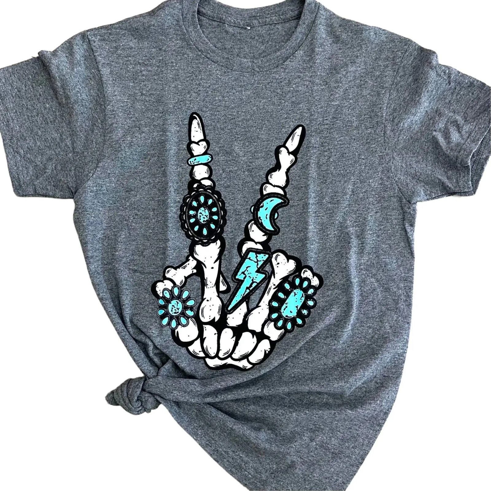 Turquoise Skeleton Hand Peace Sign Shirt, Western Skeleton Graphic Tee, Halloween Gift for Her