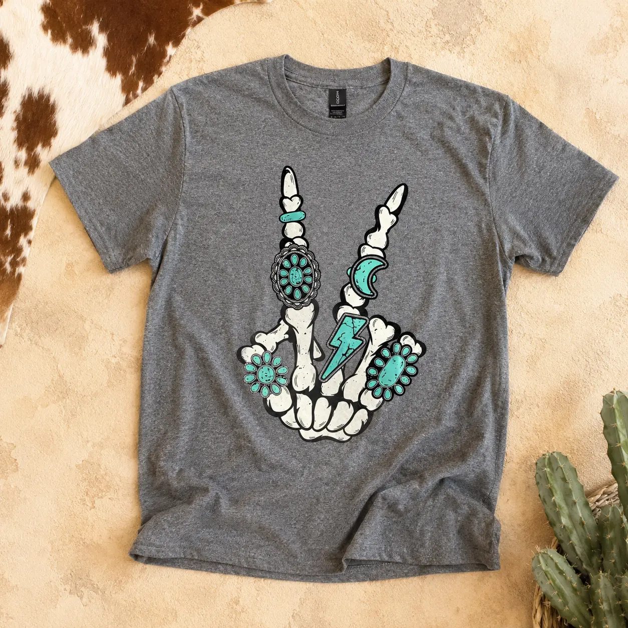 Turquoise Skeleton Hand Peace Sign Shirt, Western Skeleton Graphic Tee, Halloween Gift for Her — photo 2