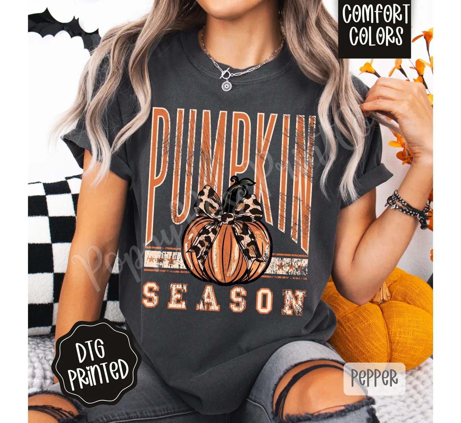 Comfort Colors Pumpkin Season Shirt, Distressed Varsity Pumpkin Tee, Leopard Bow Fall Gift for Her