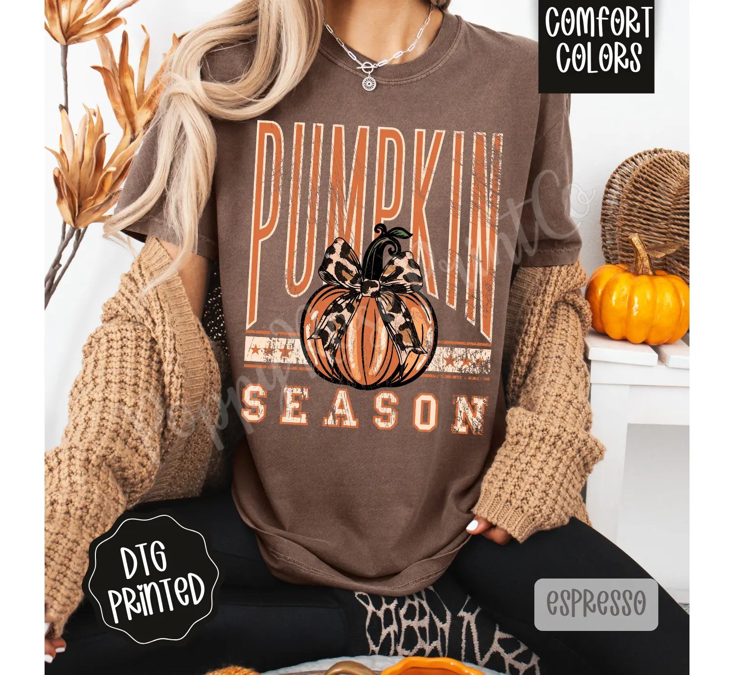 Comfort Colors Pumpkin Season Shirt, Distressed Varsity Pumpkin Tee, Leopard Bow Fall Gift for Her — photo 3