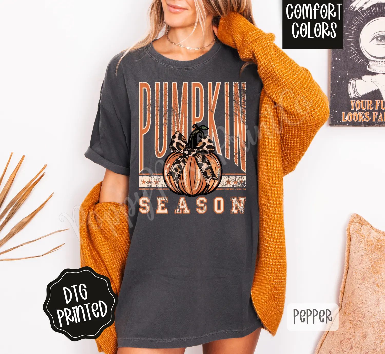 Comfort Colors Pumpkin Season Shirt, Distressed Varsity Pumpkin Tee, Leopard Bow Fall Gift for Her — photo 5
