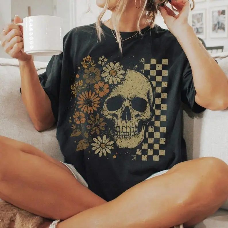 Vintage Floral Skull Halloween Tee, Retro Checkerboard Skeleton Shirt, Fall Gift for Her