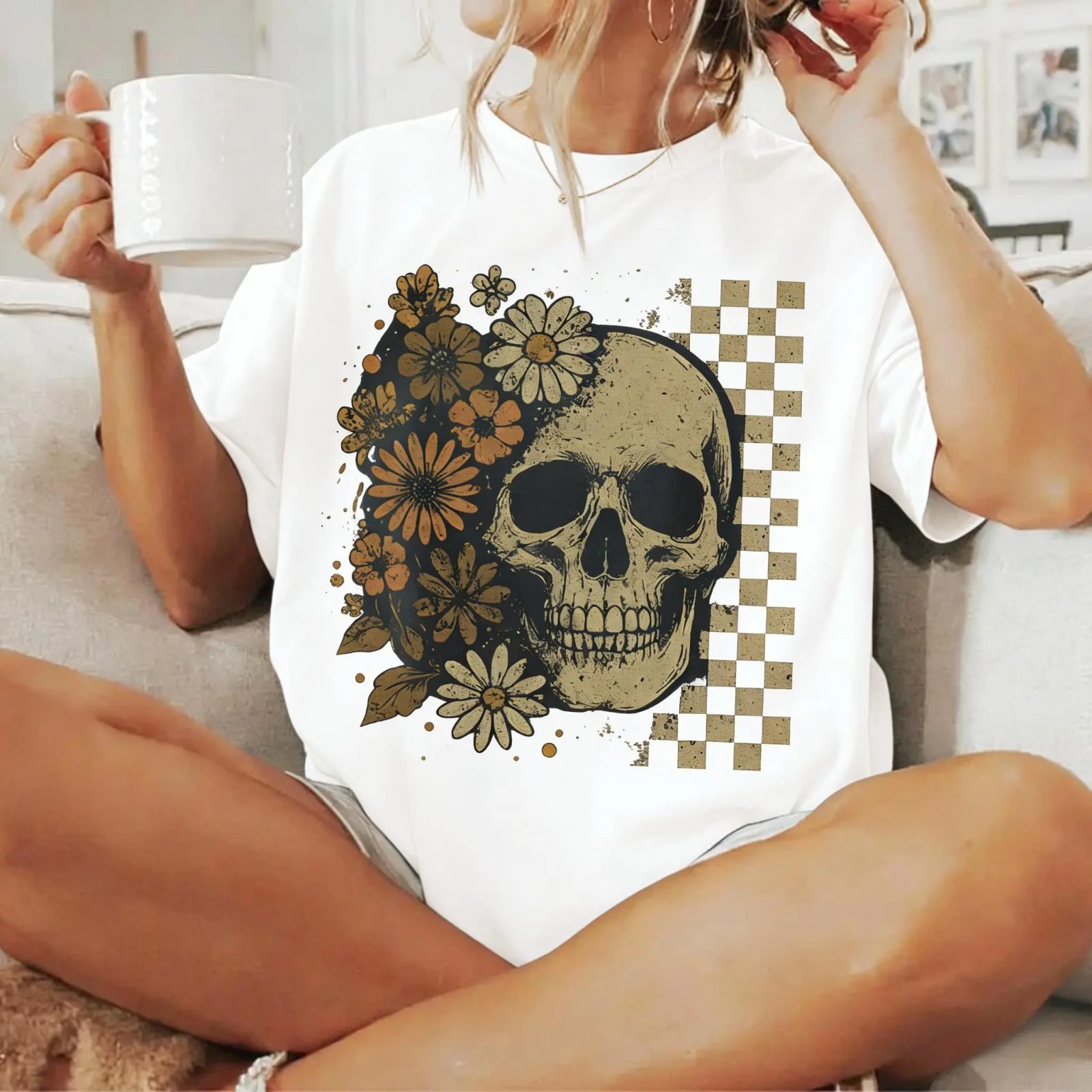 Vintage Floral Skull Halloween Tee, Retro Checkerboard Skeleton Shirt, Fall Gift for Her — photo 2
