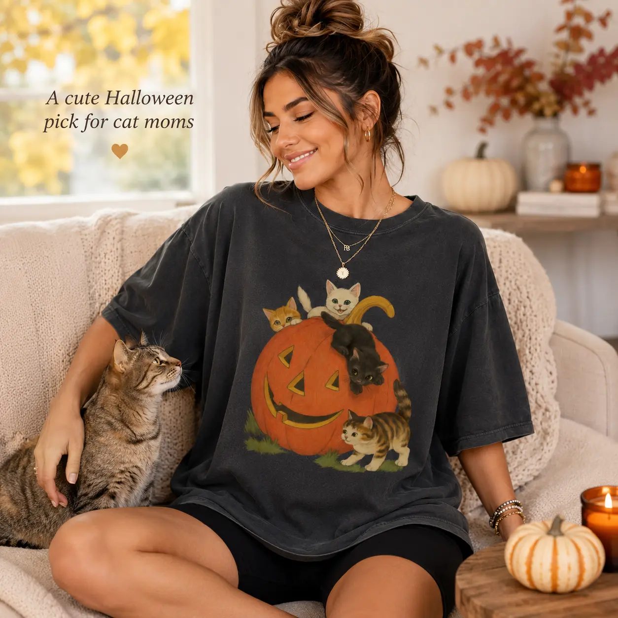 Comfort Colors Vintage Halloween Shirt, Kittens on a Jack-o'-Lantern Pumpkin Tee, Retro Fall Gift — photo 4
