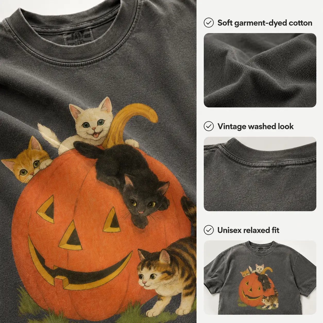 Comfort Colors Vintage Halloween Shirt, Kittens on a Jack-o'-Lantern Pumpkin Tee, Retro Fall Gift — photo 5