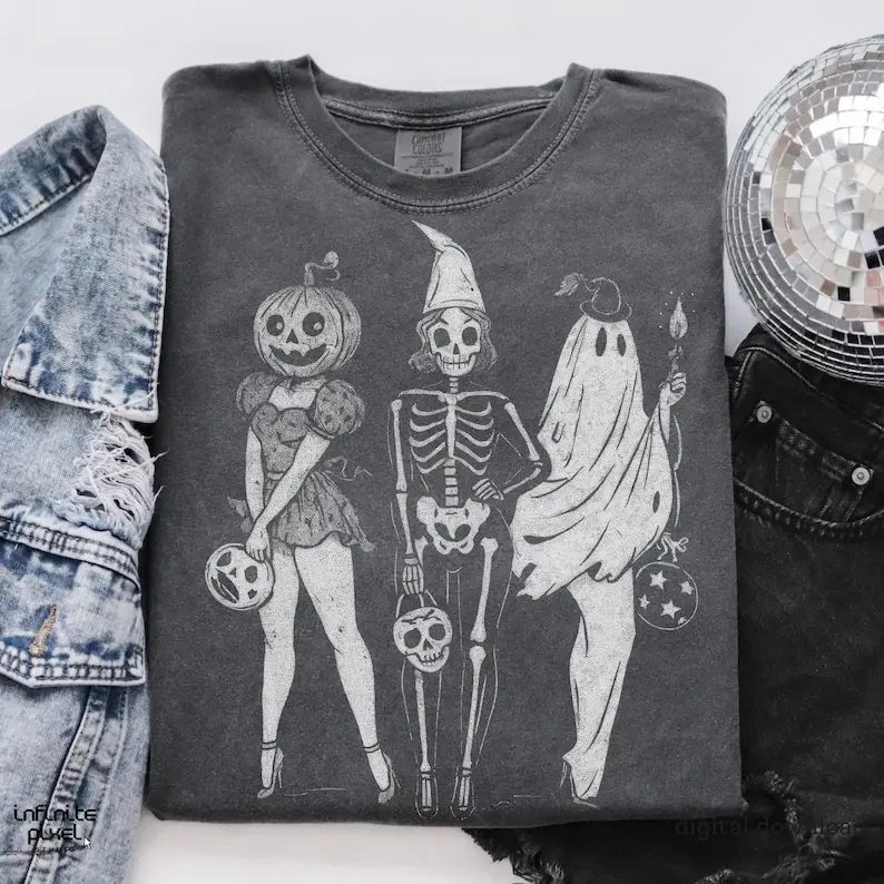 Comfort Colors Vintage Halloween Shirt, Pumpkin Ghost Skeleton Halloween Party Tee, Group Gift