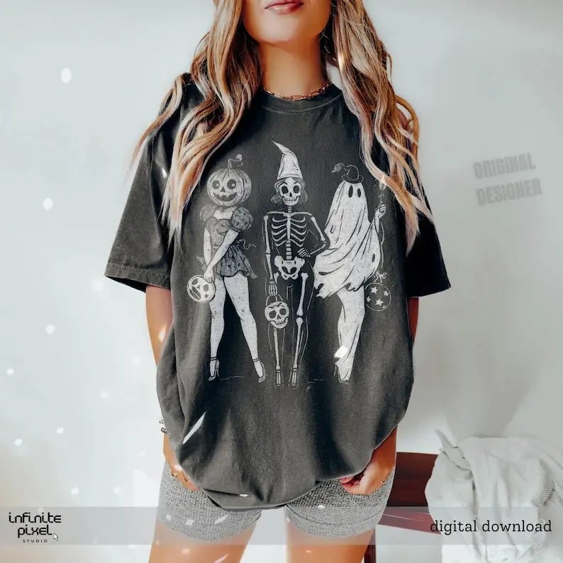 Comfort Colors Vintage Halloween Shirt, Pumpkin Ghost Skeleton Halloween Party Tee, Group Gift — photo 2