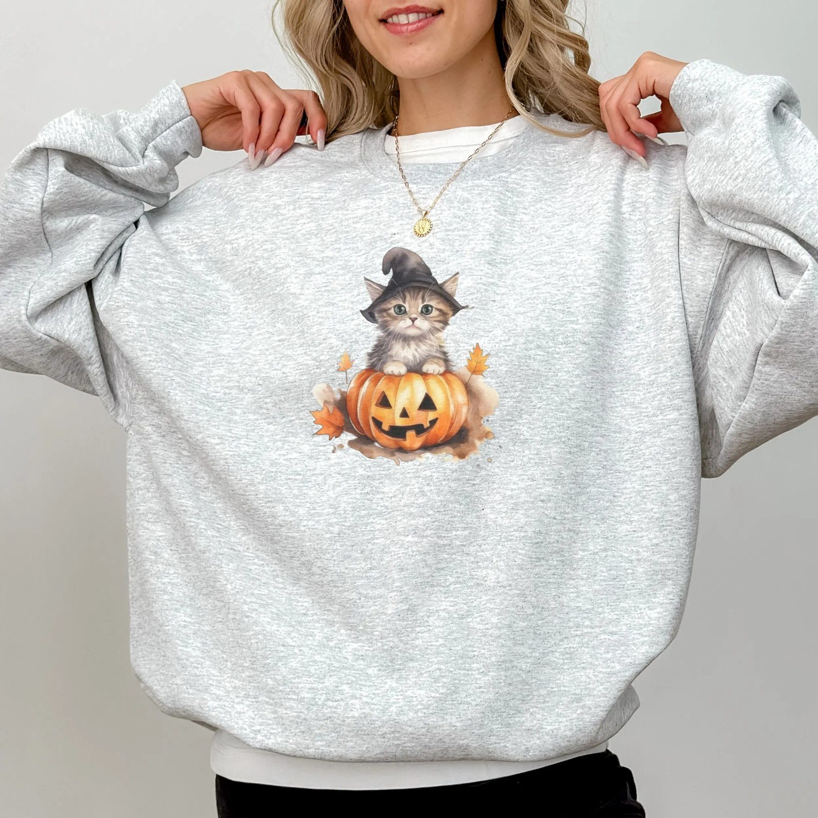 Witch Hat Kitten Halloween Sweatshirt, Jack-o-Lantern Cat Crewneck, Spooky Season Gift for Her