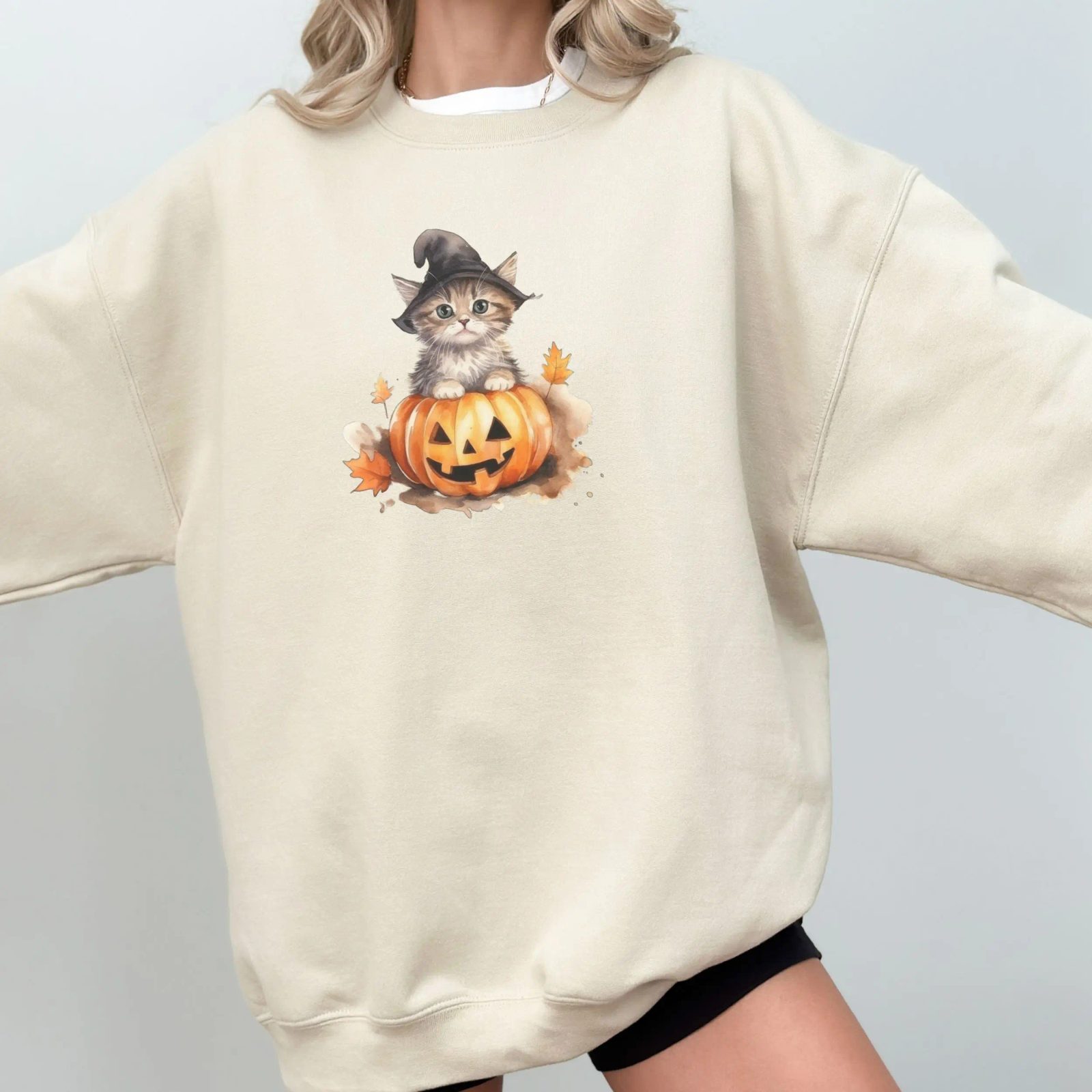 Witch Hat Kitten Halloween Sweatshirt, Jack-o-Lantern Cat Crewneck, Spooky Season Gift for Her — photo 2