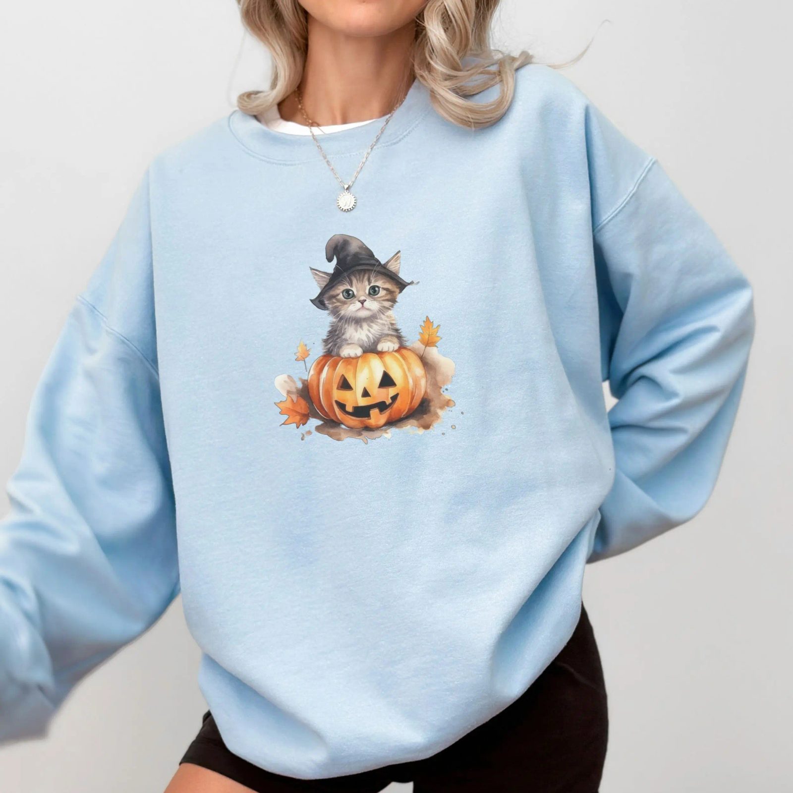 Witch Hat Kitten Halloween Sweatshirt, Jack-o-Lantern Cat Crewneck, Spooky Season Gift for Her — photo 3