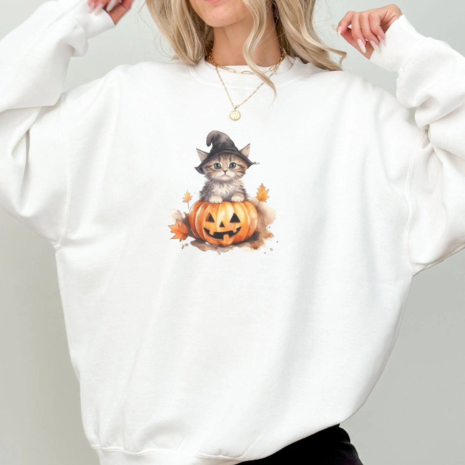 Witch Hat Kitten Halloween Sweatshirt, Jack-o-Lantern Cat Crewneck, Spooky Season Gift for Her — photo 4