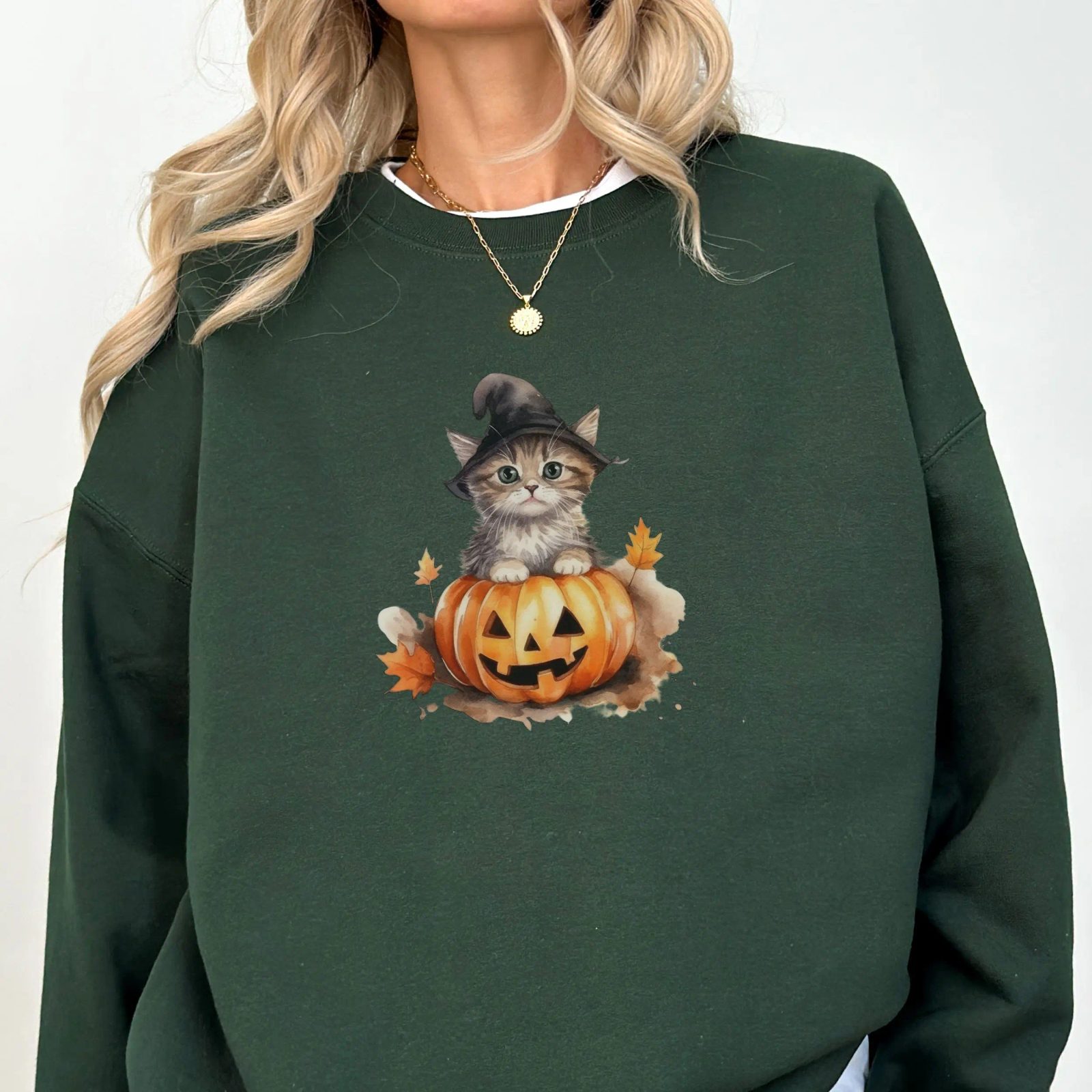 Witch Hat Kitten Halloween Sweatshirt, Jack-o-Lantern Cat Crewneck, Spooky Season Gift for Her — photo 5