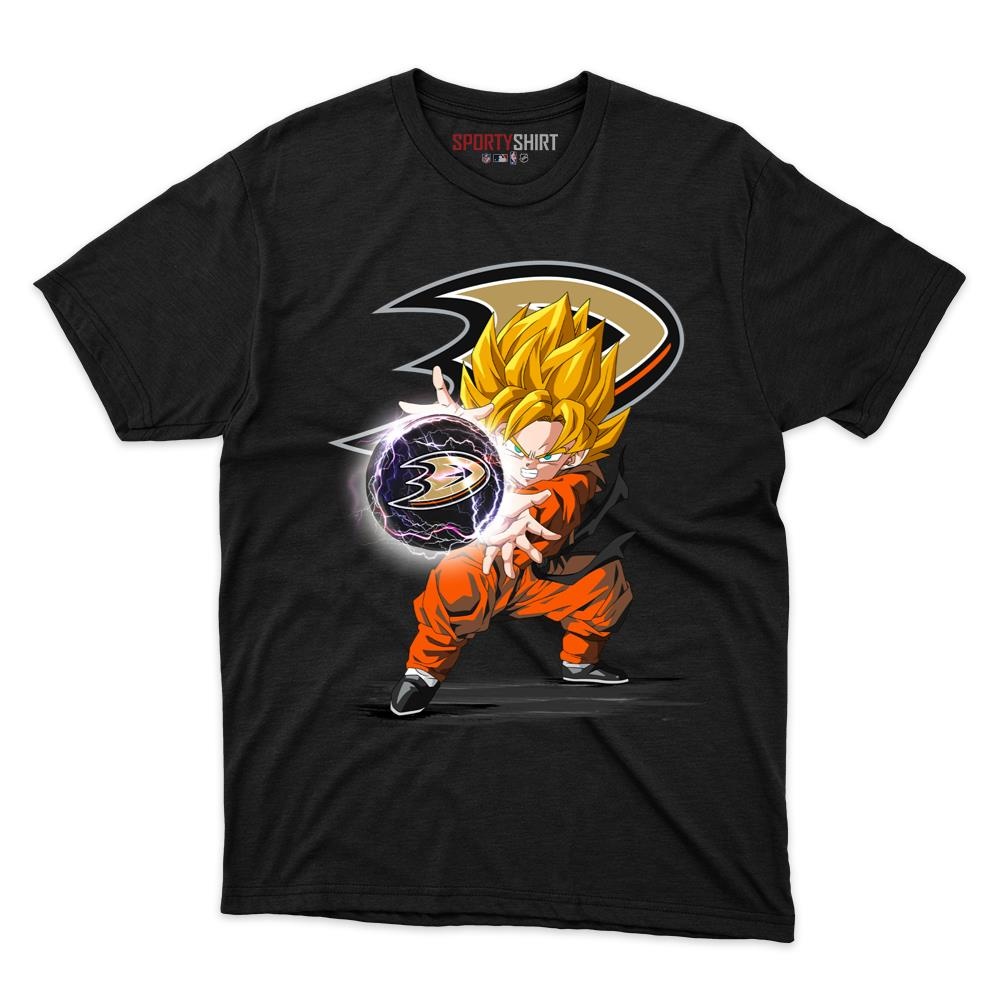 Anaheim Ducks Goku Dragon Ball Z Unisex Cotton Graphic Tee, Anime Crossover Hockey Fan Game Day Shirt