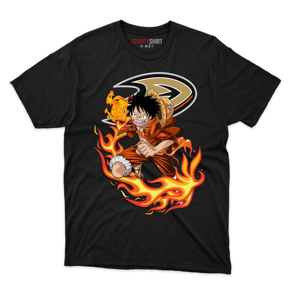 Anaheim Ducks Luffy One Piece Unisex Cotton Graphic Tee, Straw Hat Anime Crossover Hockey Fan Game Day Shirt