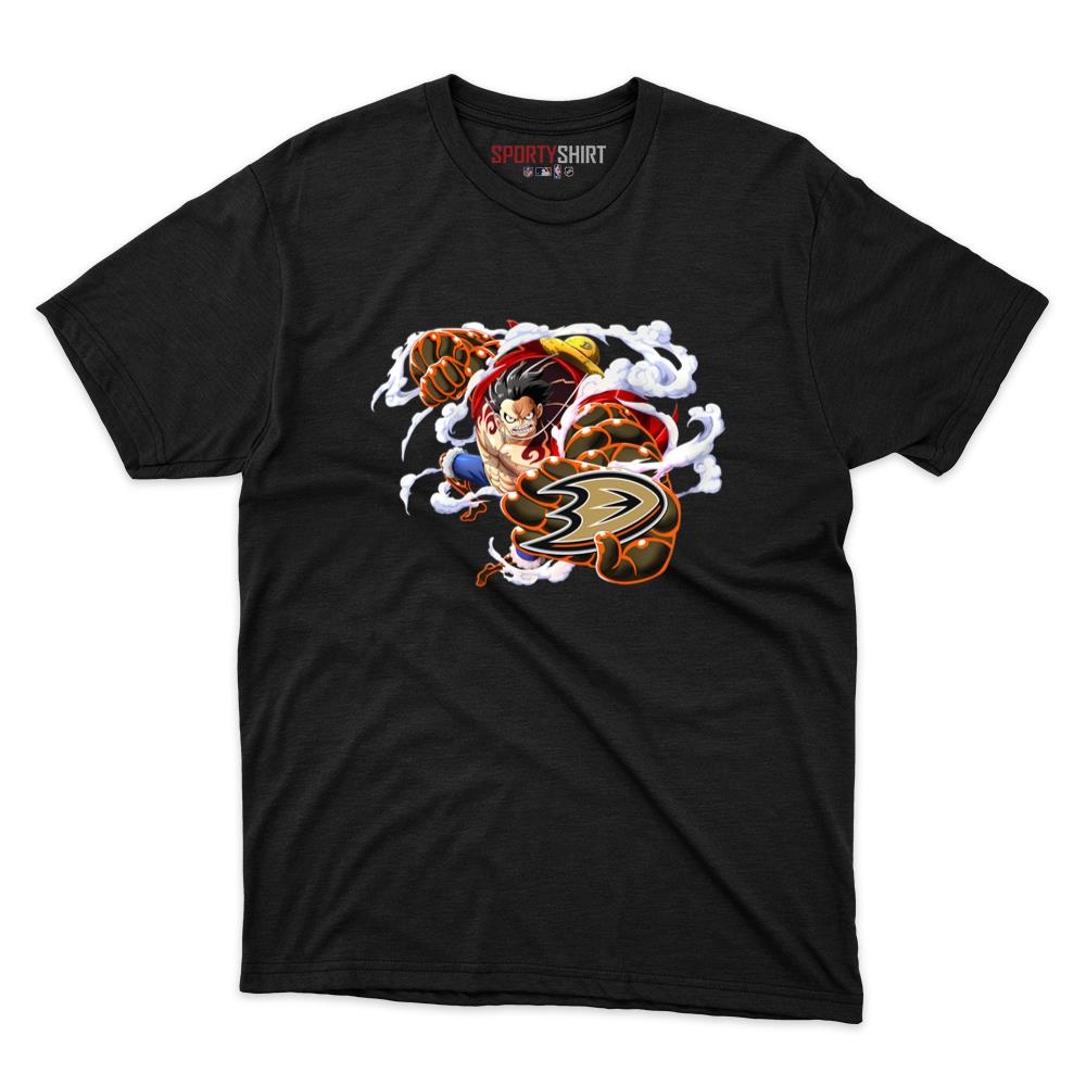 Anaheim Ducks Monkey D Luffy Gear 5 One Piece Unisex Cotton Graphic Tee, Anime Hockey Fan Game Day Shirt