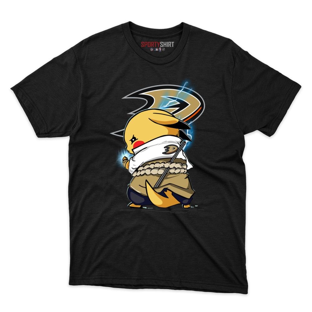 Anaheim Ducks Pikachu Meets Sasuke Uchiha Unisex Cotton Graphic Tee, Pokemon Anime Hockey Fan Game Day Shirt