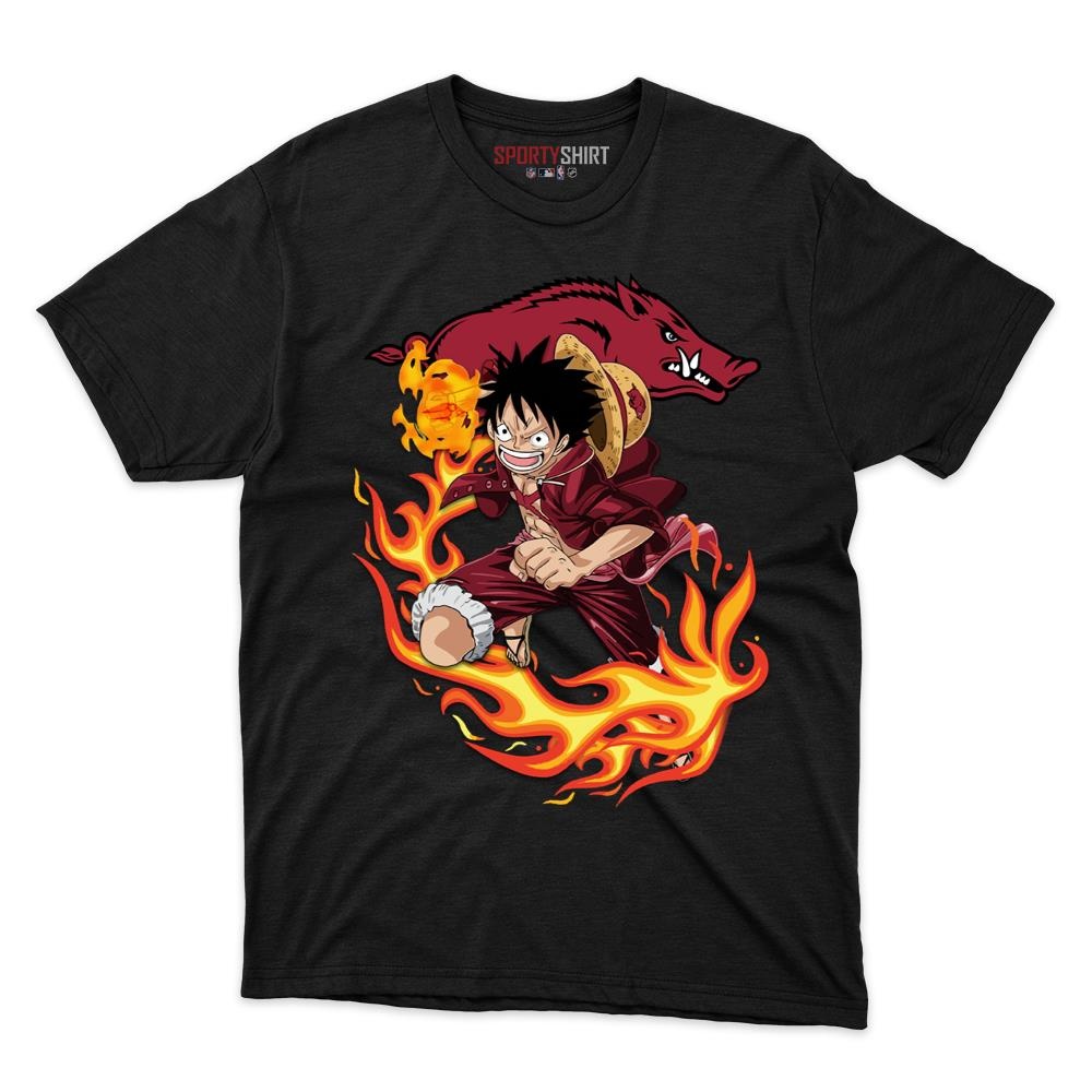 Arkansas Razorbacks Luffy One Piece Unisex Cotton Graphic Tee, Straw Hat Anime College Fan Game Day Shirt