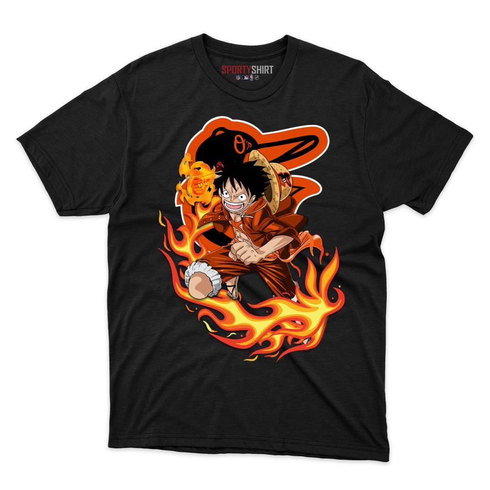 Baltimore Orioles Luffy One Piece Unisex Cotton Graphic Tee, Straw Hat Pirate Anime Crossover Shirt