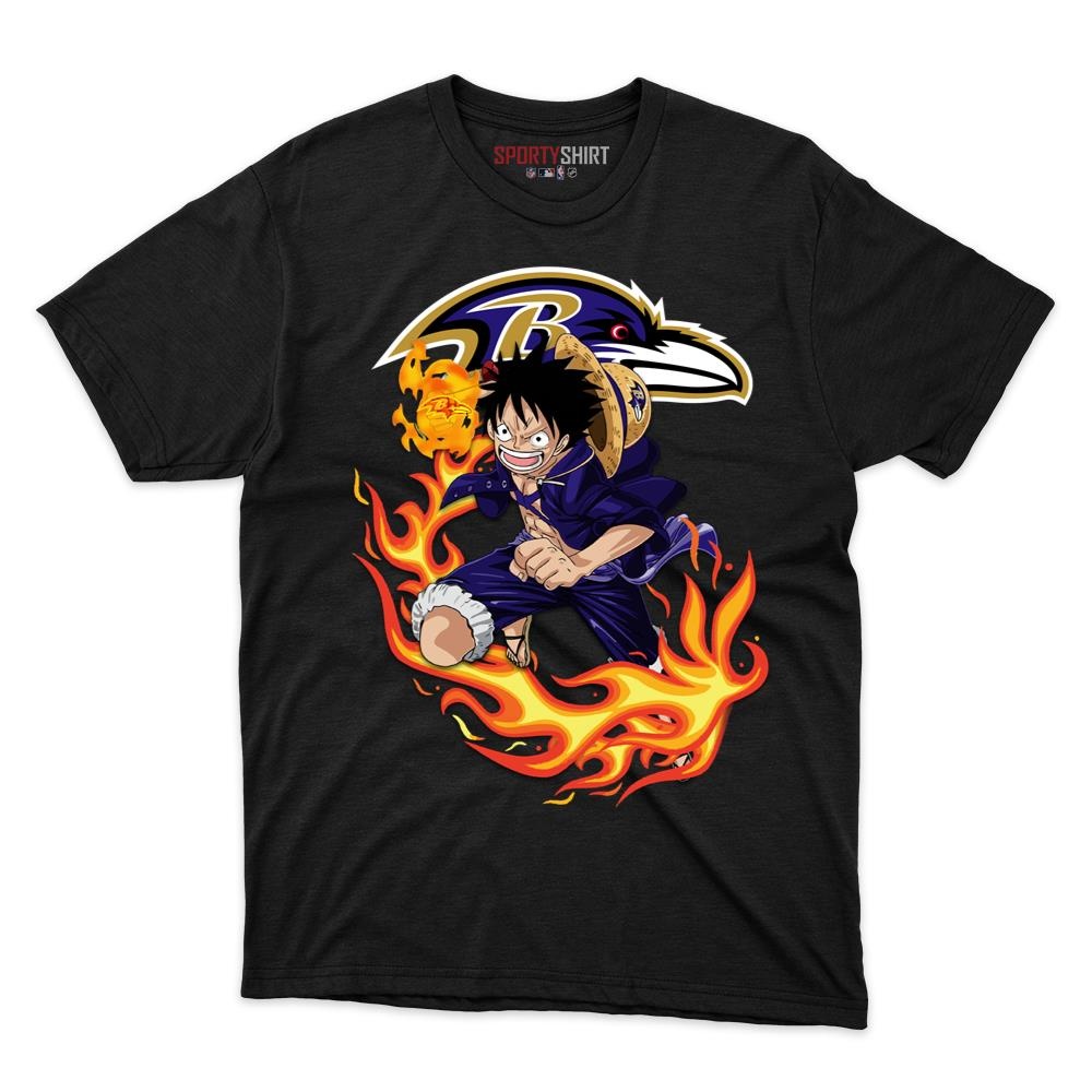Baltimore Ravens Luffy One Piece Unisex Cotton Graphic Tee, Straw Hat Pirate Anime Crossover Shirt