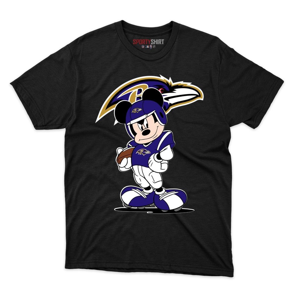 Baltimore Ravens Mickey Mouse Player Unisex Cotton Graphic Tee, Disney Cartoon Crossover Shirt for Fans