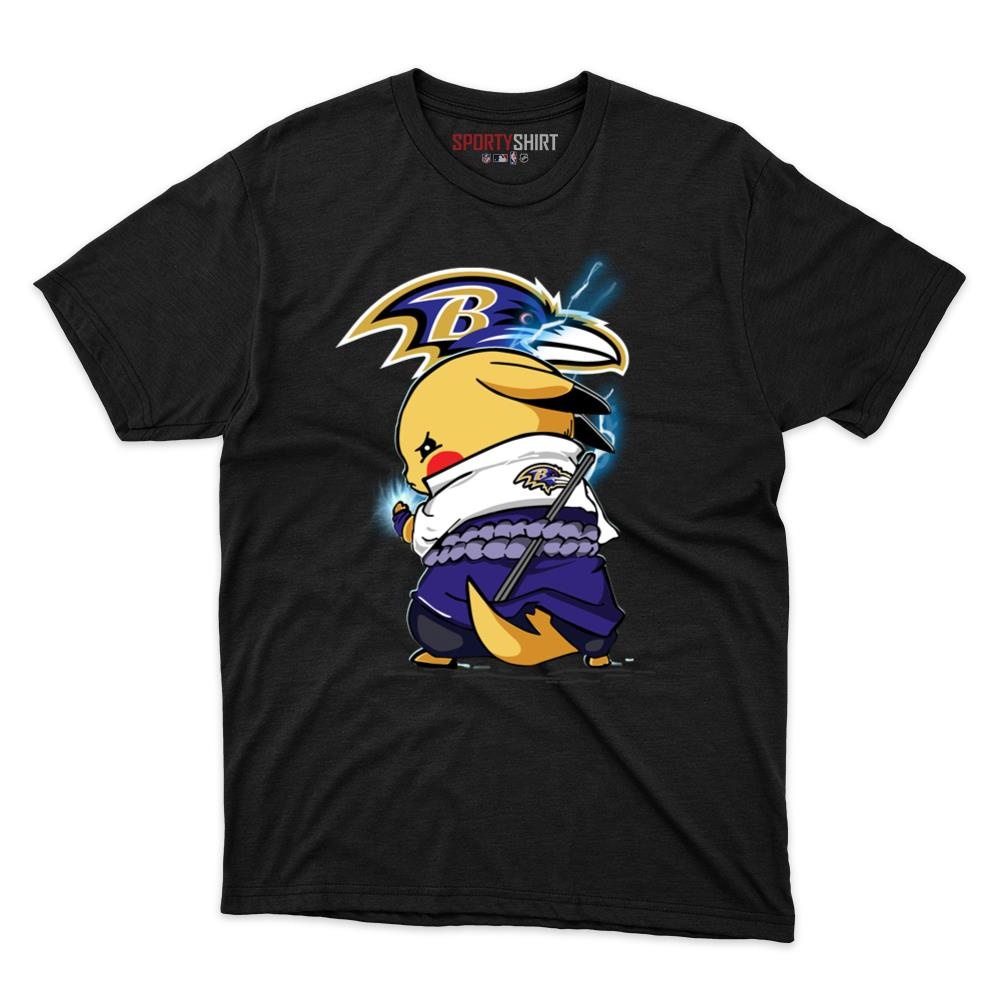 Baltimore Ravens Pikachu Meets Sasuke Uchiha Unisex Cotton Graphic Tee, Pokemon Naruto Anime Mashup Shirt