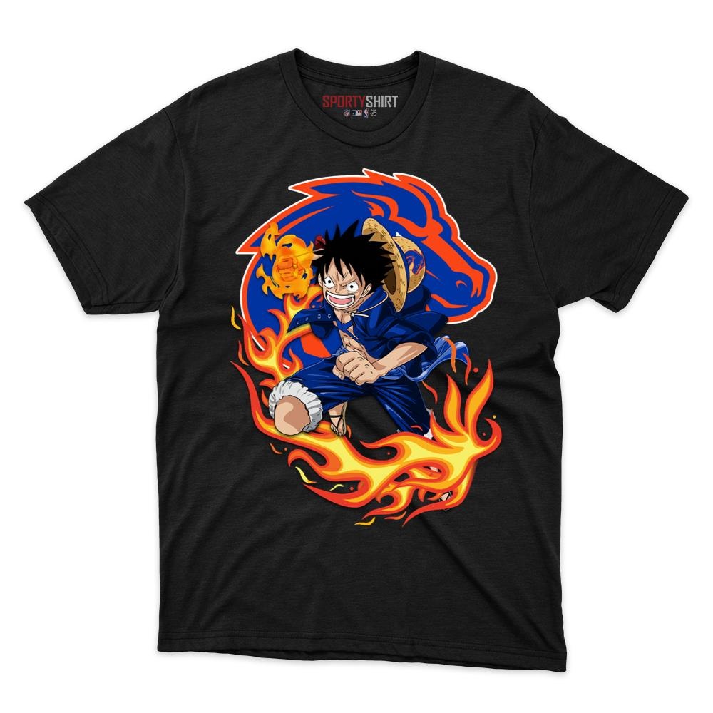 Boise State Broncos Luffy One Piece Unisex Cotton Graphic Tee, Straw Hat Pirate Anime Crossover Shirt