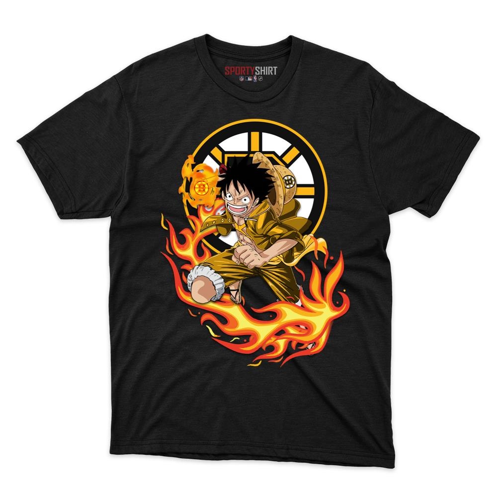 Boston Bruins Luffy One Piece Unisex Cotton Graphic Tee, Straw Hat Pirate Anime Crossover Shirt for Fans