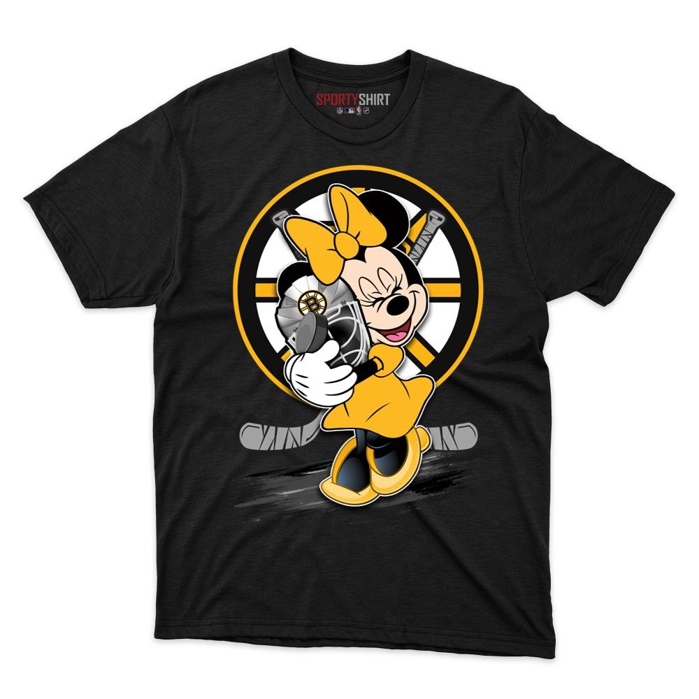 Boston Bruins Minnie Mouse Unisex Cotton Graphic Tee, Disney Cartoon Crossover Shirt for Game Day Fans