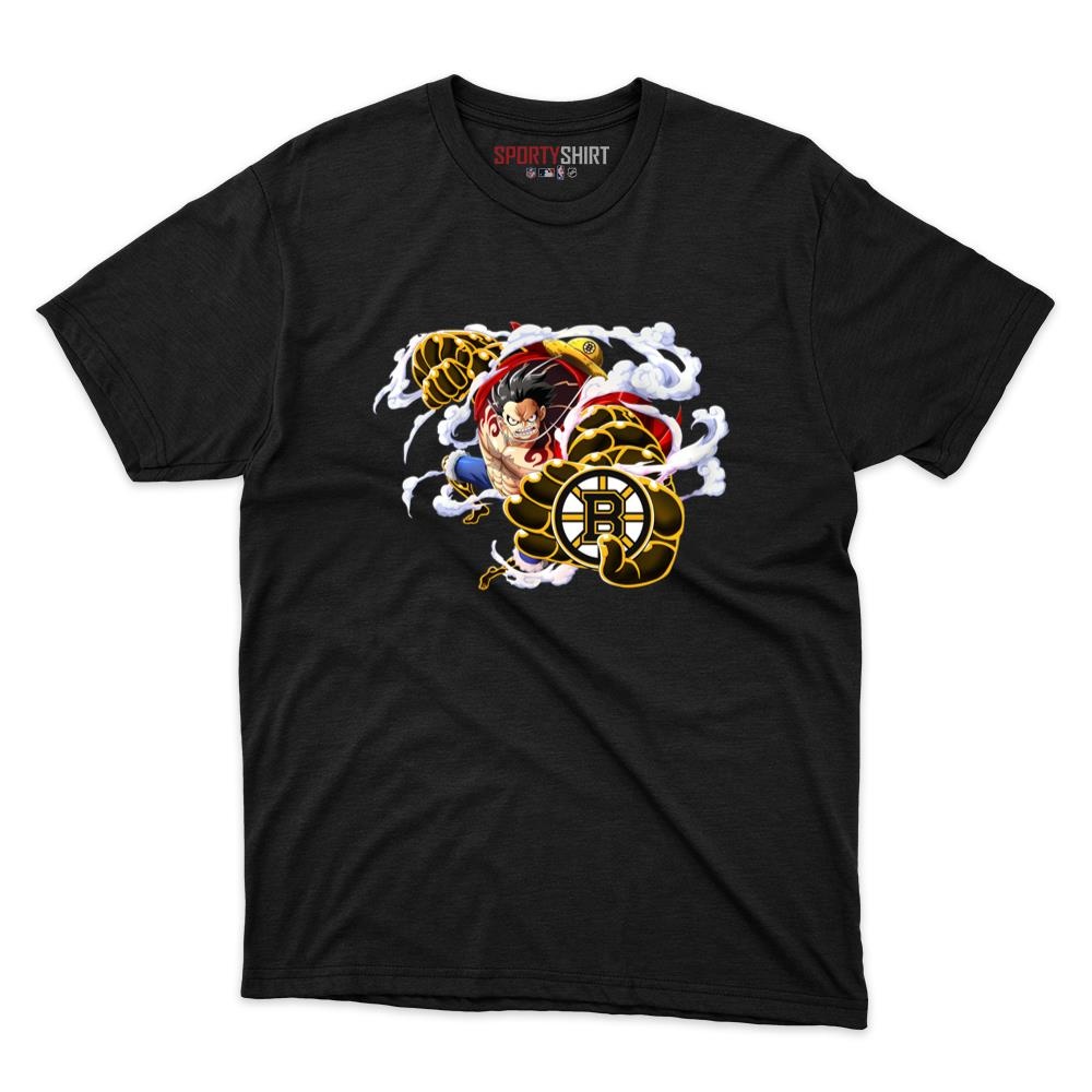 Boston Bruins Monkey D Luffy Gear Unisex Cotton Graphic Tee, One Piece Pirate King Anime Shirt for Fans