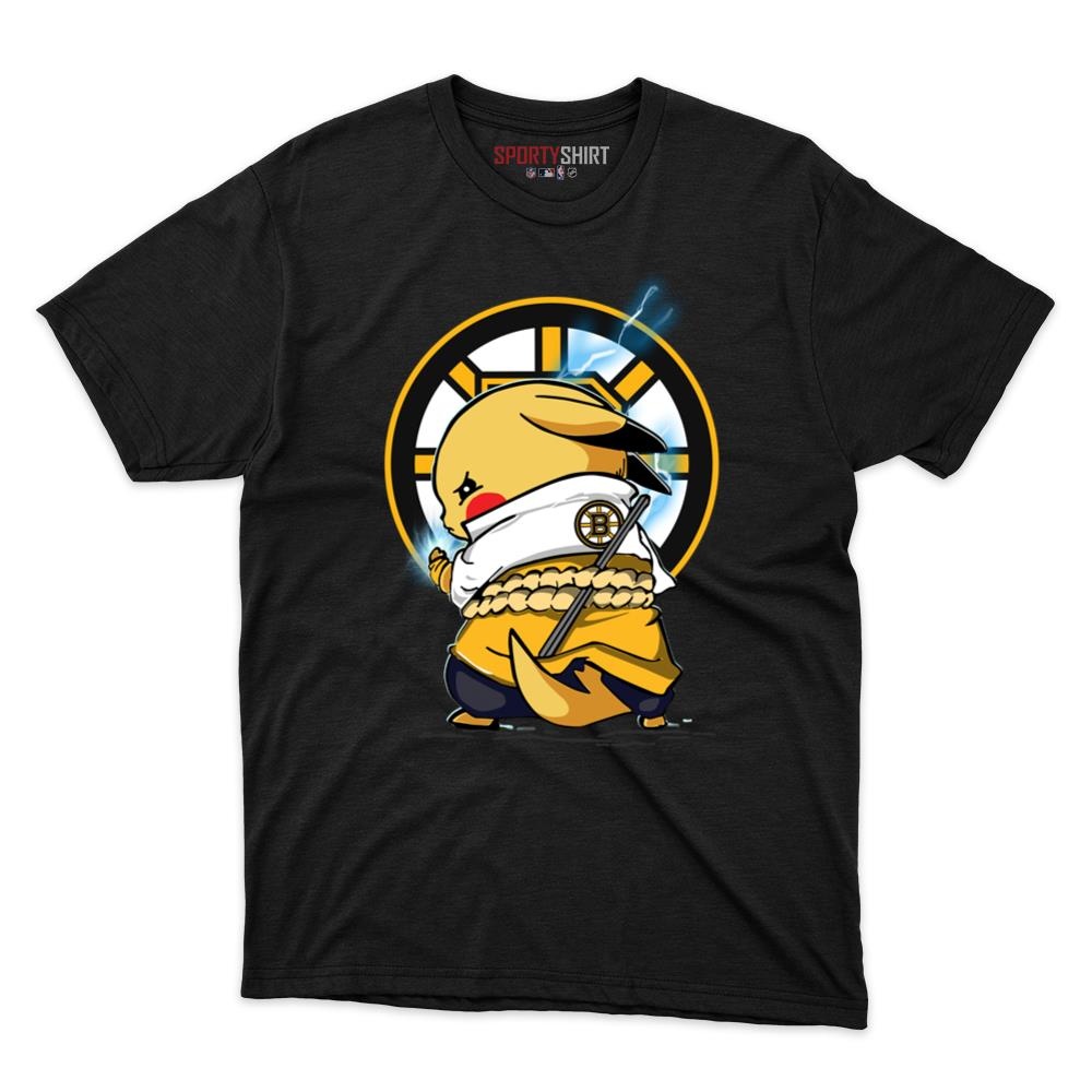 Boston Bruins Pikachu Meets Sasuke Uchiha Unisex Cotton Graphic Tee, Pokemon Naruto Anime Mashup Shirt, Game Day