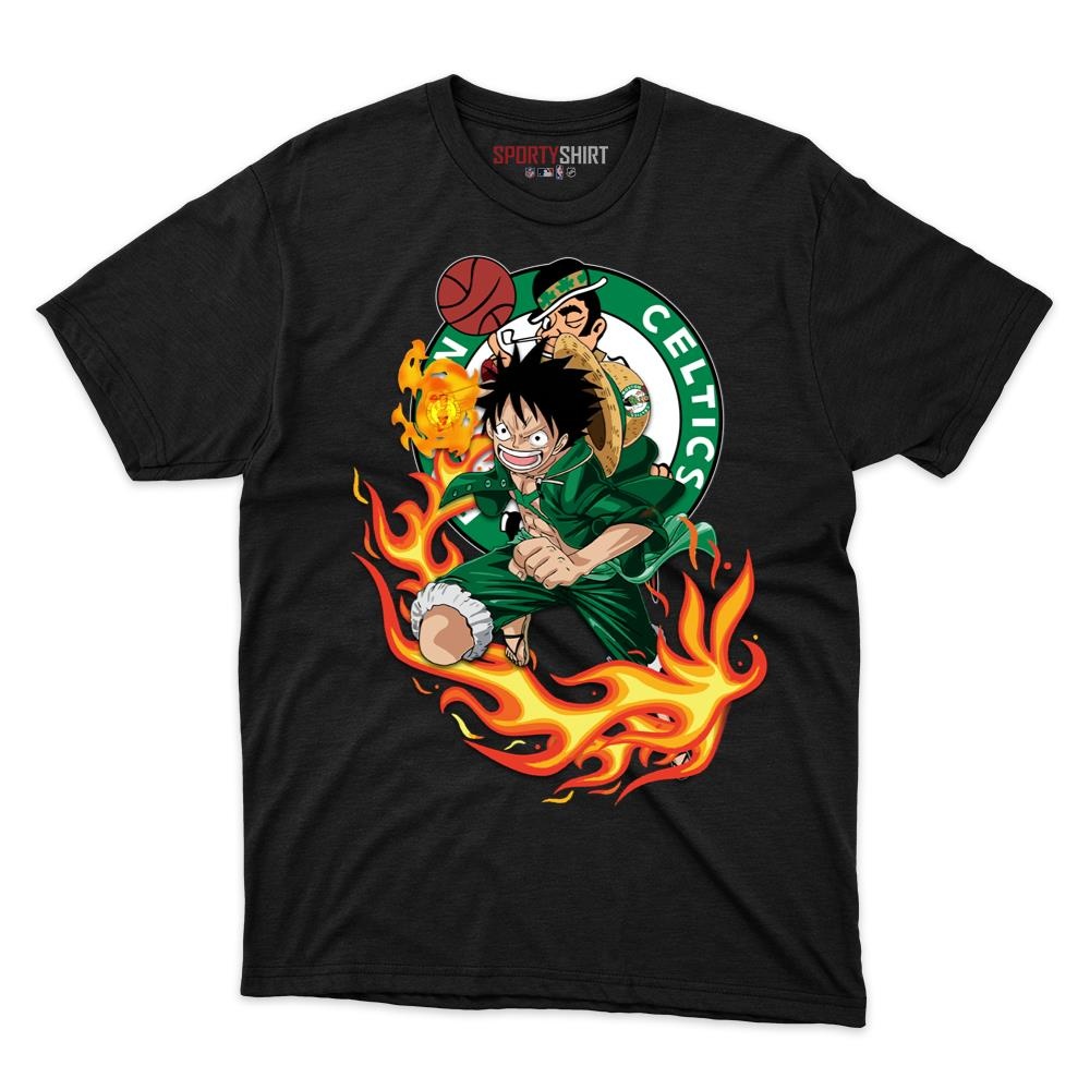 Boston Celtics Luffy One Piece Unisex Cotton Graphic Tee, Straw Hat Pirate Anime Crossover Shirt for Fans
