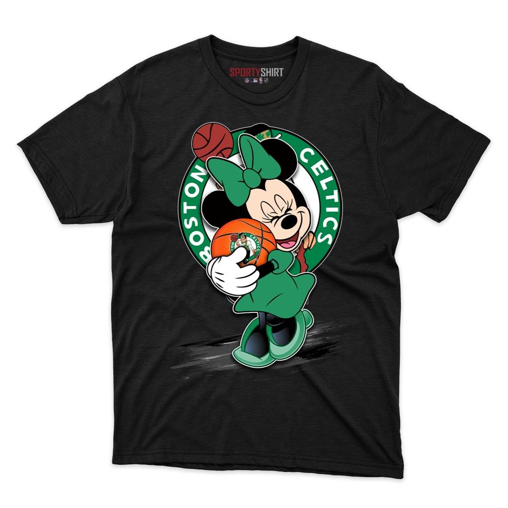Boston Celtics Minnie Mouse Unisex Cotton Graphic Tee, Disney Cartoon Crossover Shirt, Game Day Fan Gift