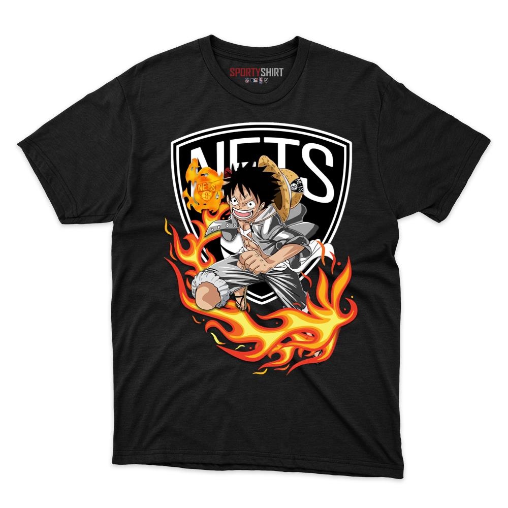 Brooklyn Nets Luffy One Piece Unisex Cotton Graphic Tee, Anime Pirate Crossover Fan Game Day Shirt
