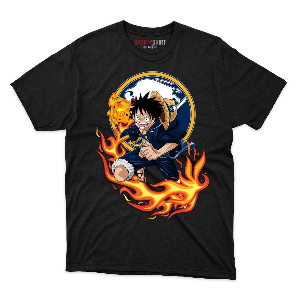 Buffalo Sabres Luffy One Piece Unisex Cotton Graphic Tee, Anime Pirate Crossover Fan Game Day Shirt