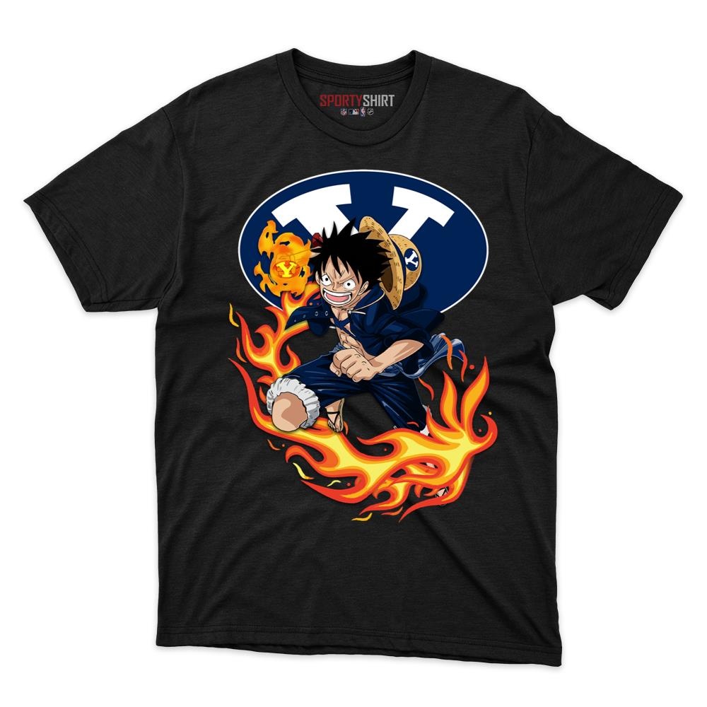 BYU Cougars Luffy One Piece Unisex Cotton Graphic Tee, Straw Hat Pirate Anime Crossover Shirt for Fans