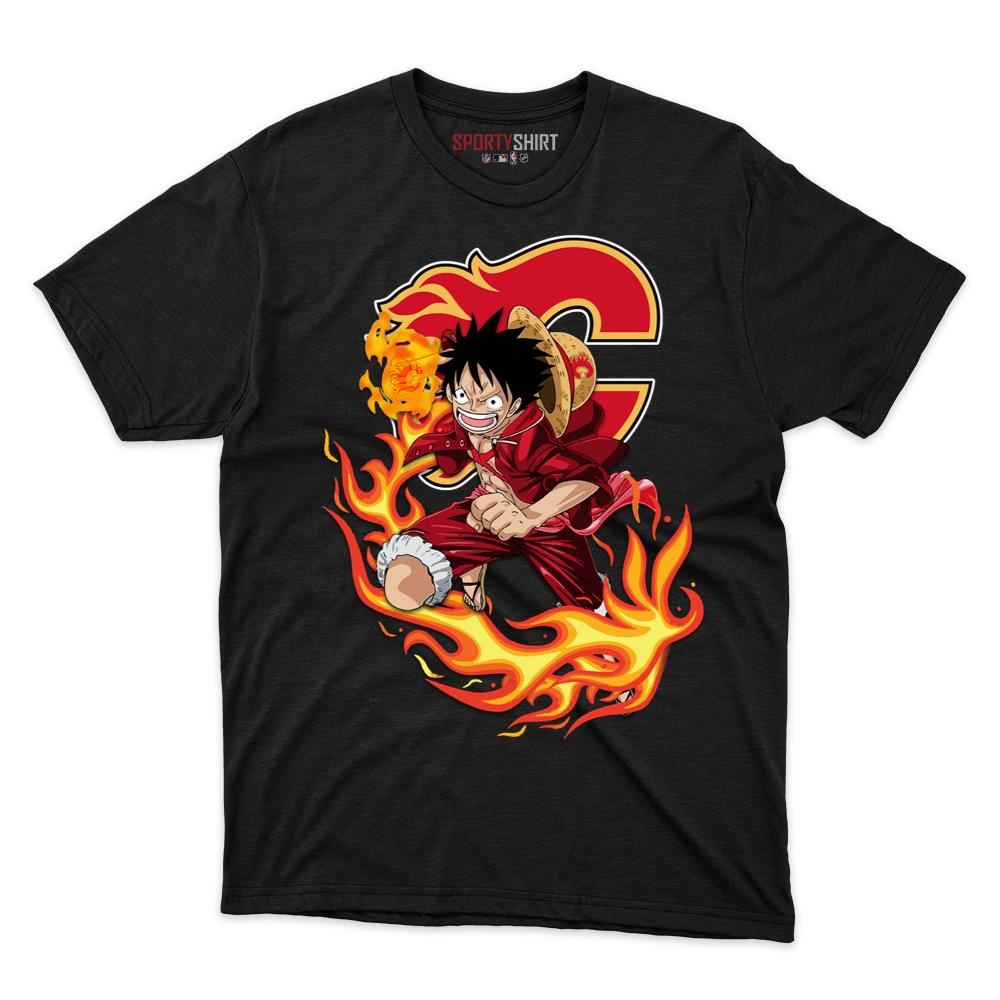 Calgary Flames Luffy One Piece Unisex Cotton Graphic Tee, Anime Pirate Crossover Fan Game Day Shirt - photo 1