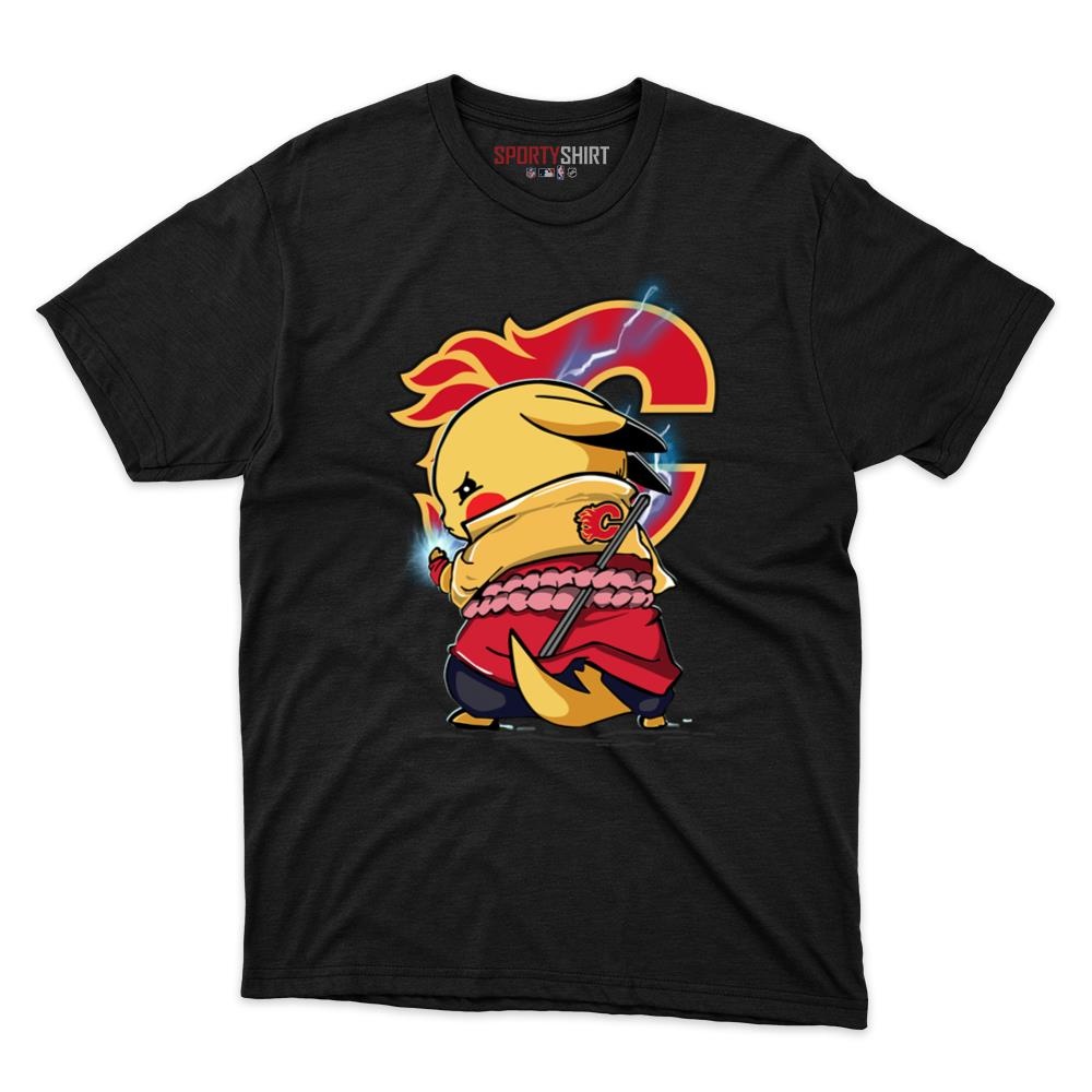 Calgary Flames Pikachu Meets Sasuke Uchiha Unisex Cotton Graphic Tee, Pokemon Anime Fan Game Day Shirt