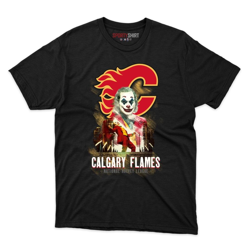 Calgary Flames Put On A Happy Face Joker Unisex Cotton Graphic Tee, Villain Fan Game Day Shirt - photo 1