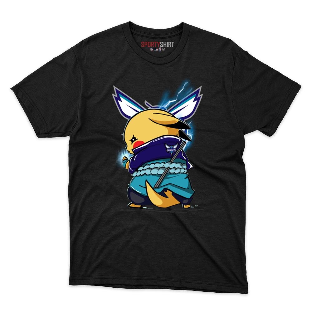 Charlotte Hornets Pikachu Meets Sasuke Uchiha Unisex Shirt, Pokemon Naruto Anime Crossover Cotton Tee, Fan Gift