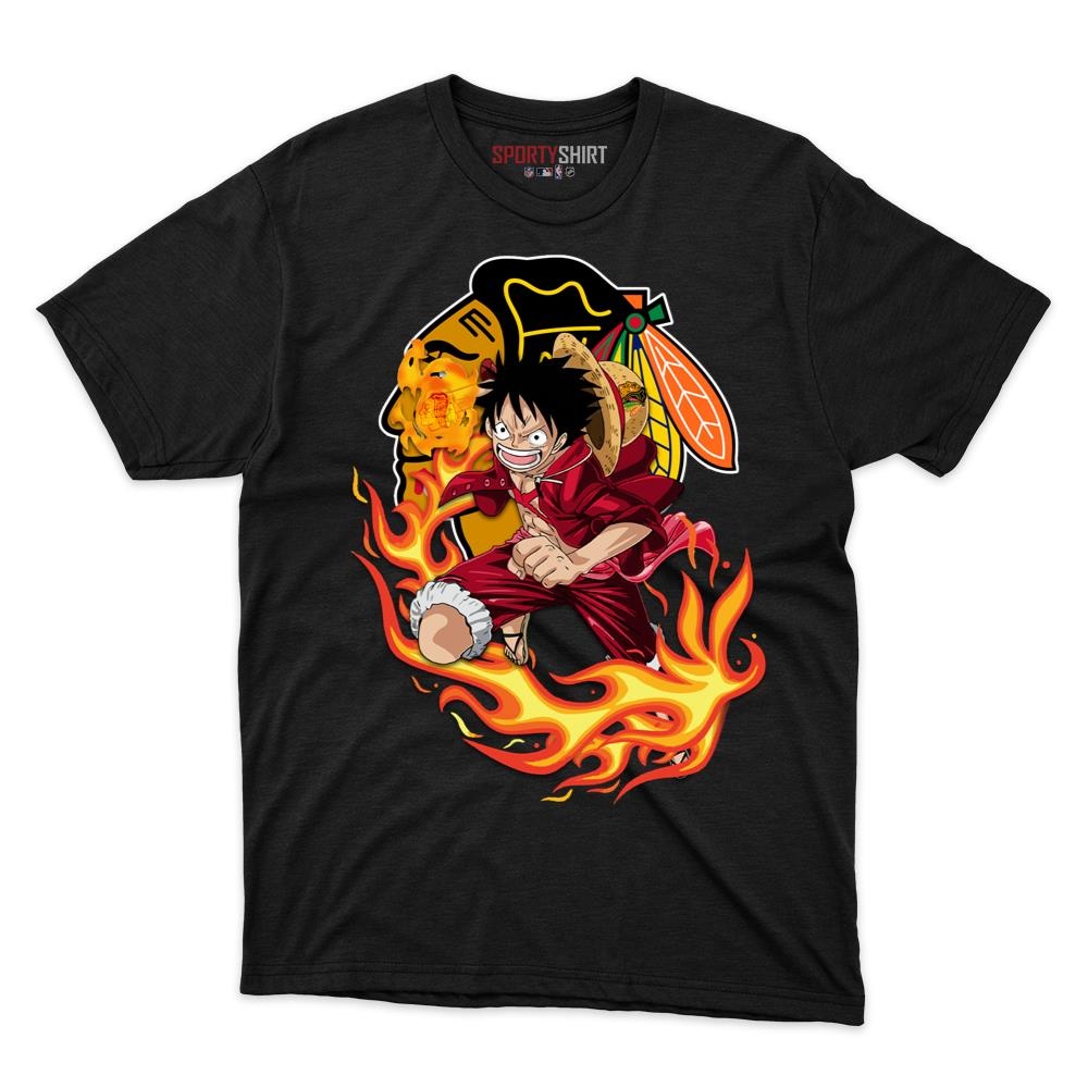 Chicago Blackhawks Luffy One Piece Straw Hat Unisex Shirt, Anime Pirate Cotton Graphic Tee, Game Day Gift