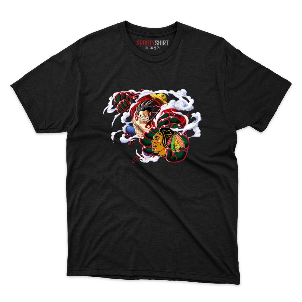 Chicago Blackhawks Monkey D Luffy Gear One Piece Unisex Shirt, Anime Crossover Cotton Graphic Tee, Fan Gift