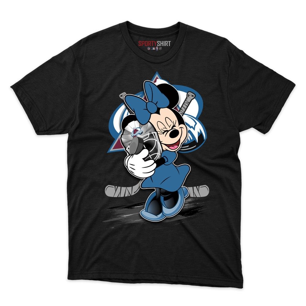 Colorado Avalanche Minnie Mouse Unisex Cotton Graphic Tee, Disney Cartoon Crossover Shirt, Game Day Gift